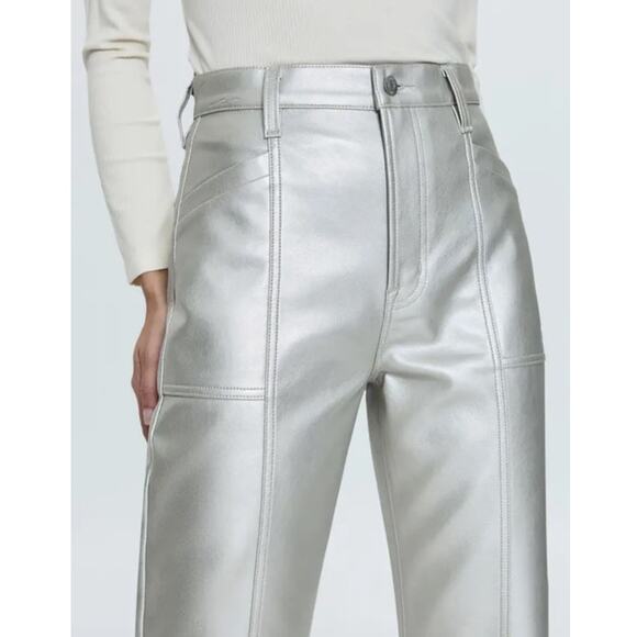 Pistola NWT Taylor High Rise Barrel Leg Party Faux Leather Pants Metallic Silver - Picture 6 of 13